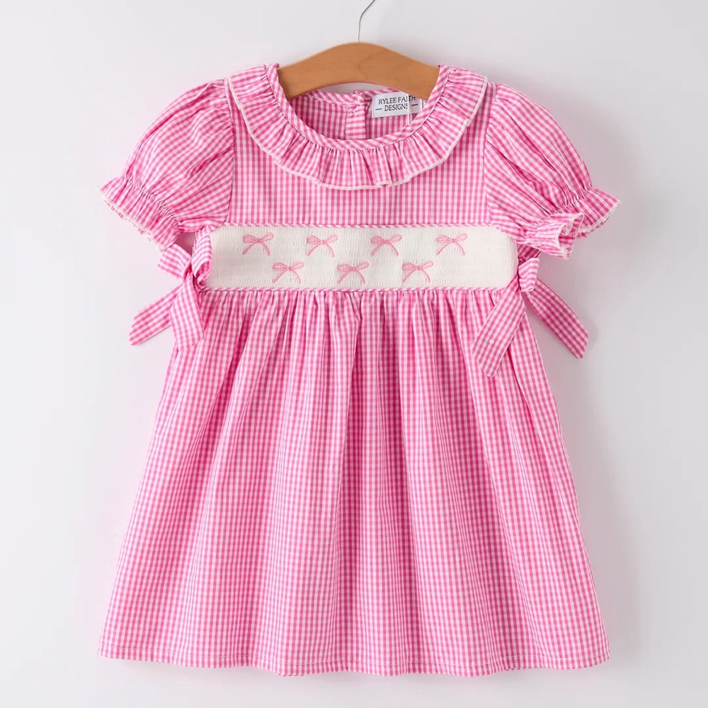 Pink Bow Embroidered Plaid Baby Girl Dress